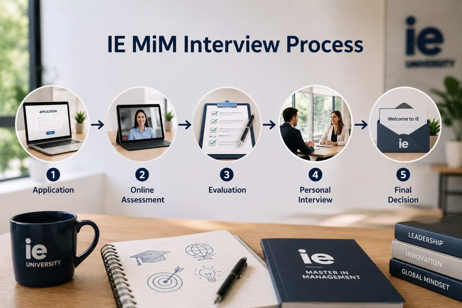 IE MiM interview process showing application, online assessment, evaluation, personal interview, and final decision.